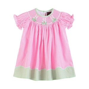 Pink Gingham Bunnies Smocked Bishop Dress 3T